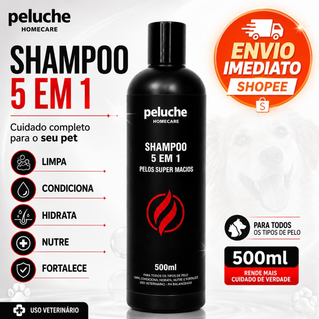 Shampoo Pet 5 em 1 Peluche Premium para Cães e Gatos – Pelos Macios