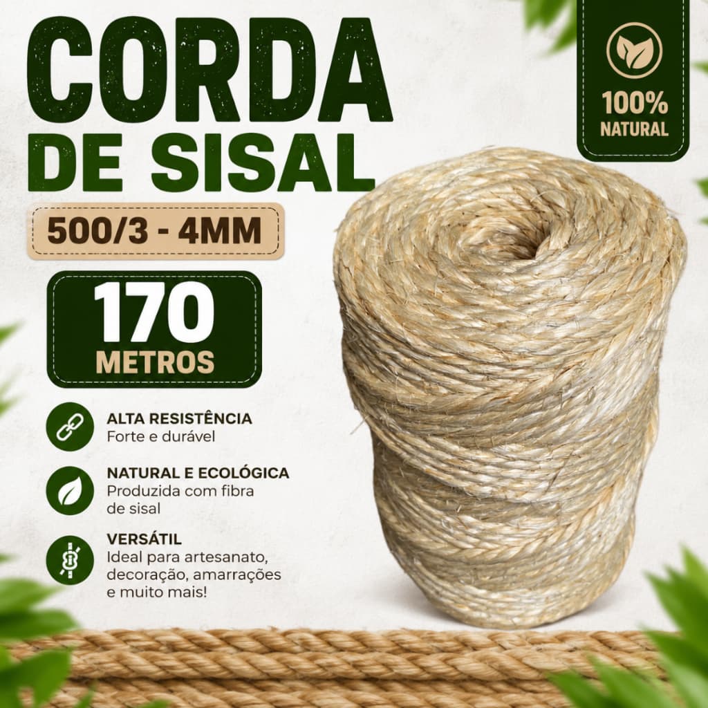 Corda De Sisal 500/3 4mm 170 Metros Fio Natural Artes Decoração