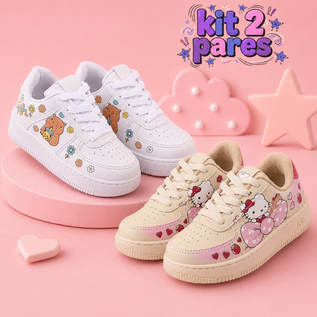 Kit Tênis infantil feminino capivara + personagem menina confortavel Solado Super Fofo Moda Criança