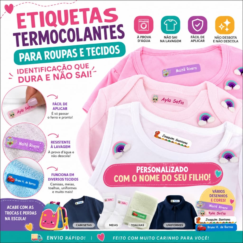 ⭐ Etiqueta Termocolante Personalizada Nome Roupa Escolar 👶