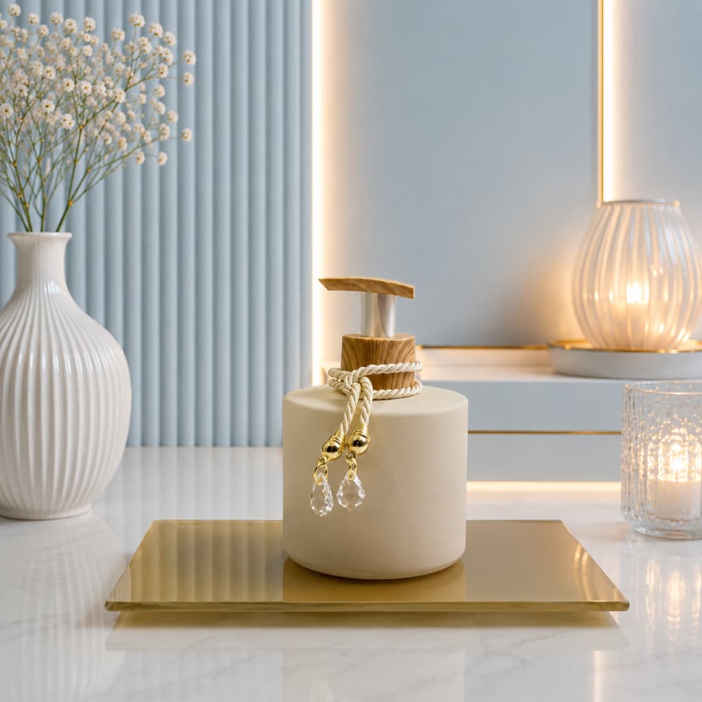 Kit Lavabo Luxo Bege Fosco Unitário 250ml com Bandeja Dourada e Detalhes em Cristal MADEIRA CASA E DECORAÇÃO