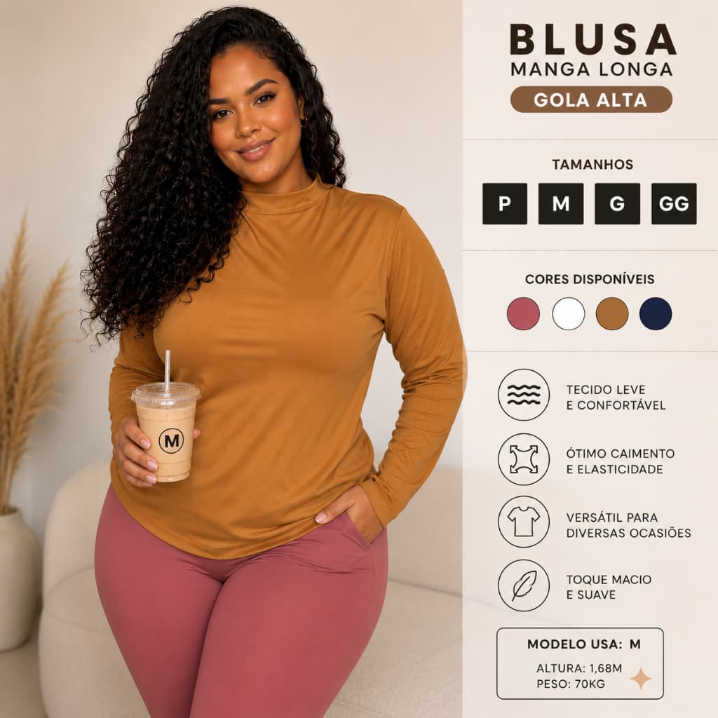 Blusa Feminina Gola Alta Manga Longa Básica  Malha  Inverno Casual DE SUPLEX