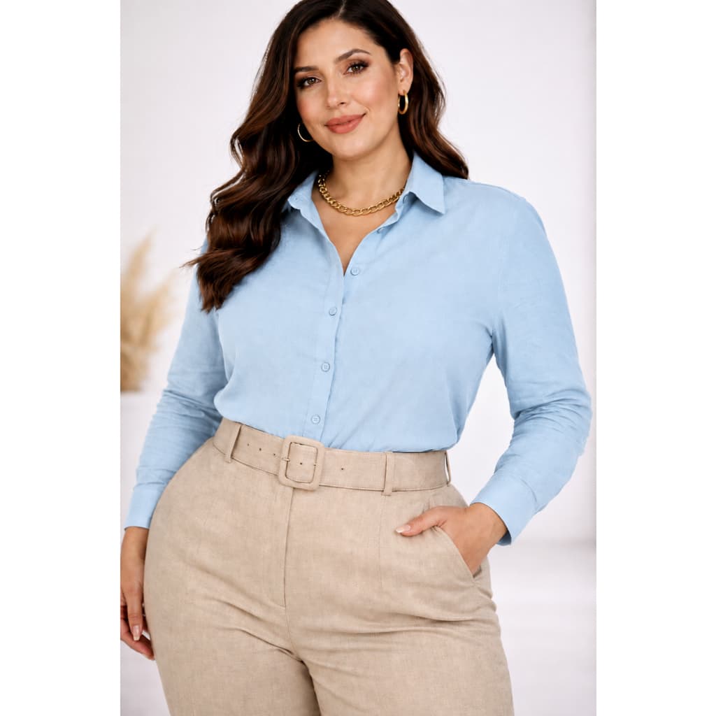 Camisa Linho Plus Size Feminino Plus Manga Longa Social Elegante