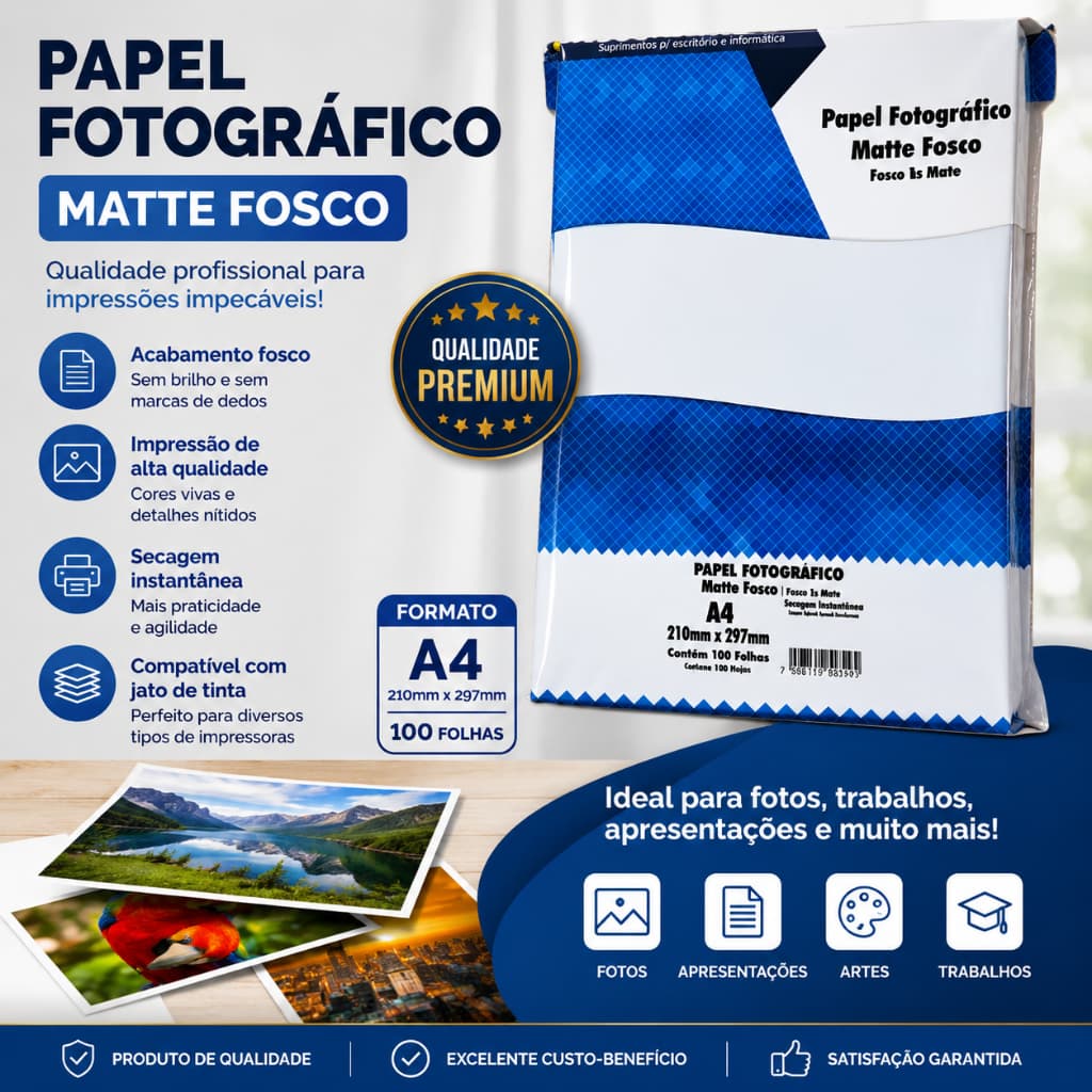 Papel Fotográfico Matte Fosco ADESIVO 108g A4 Foto Matte Fosco Autoadesivo - MASTERPRINT