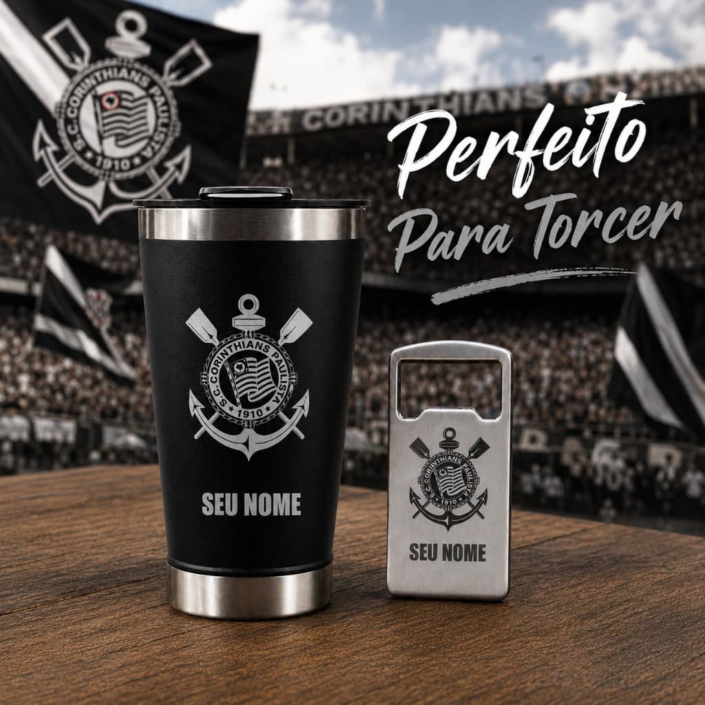Copo Térmico Inox 473 Personalizado Time Corinthians Preto/Branco
