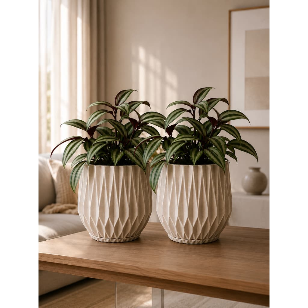 Kit 2 Vasos de Planta Decoração Origami P 22X20 Jateado Moderno Mesa Aparador com Pratinhos