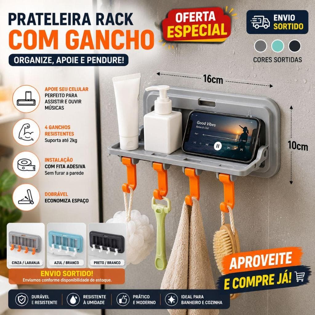 Kit 1/2 Suporte Prateleira Celular Dobrável 4 Ganchos Sortido Banheiro Cozinha Adesivo Parede