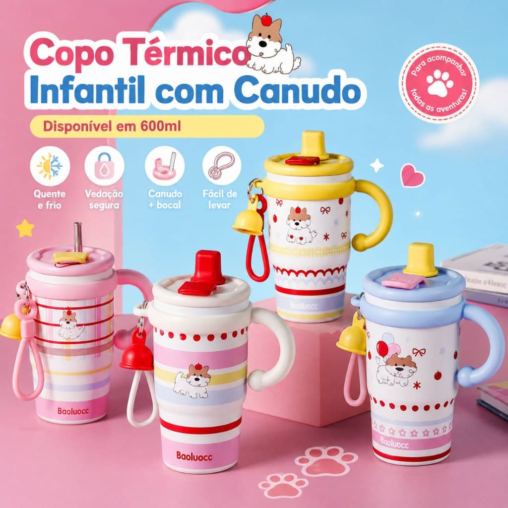 Copo Térmico Infantil 600ml Canudo e Alça, Antivazamento, Inoxidável, Cachorro Fofo, Mantém Quente/Frio, Garrafa Criança