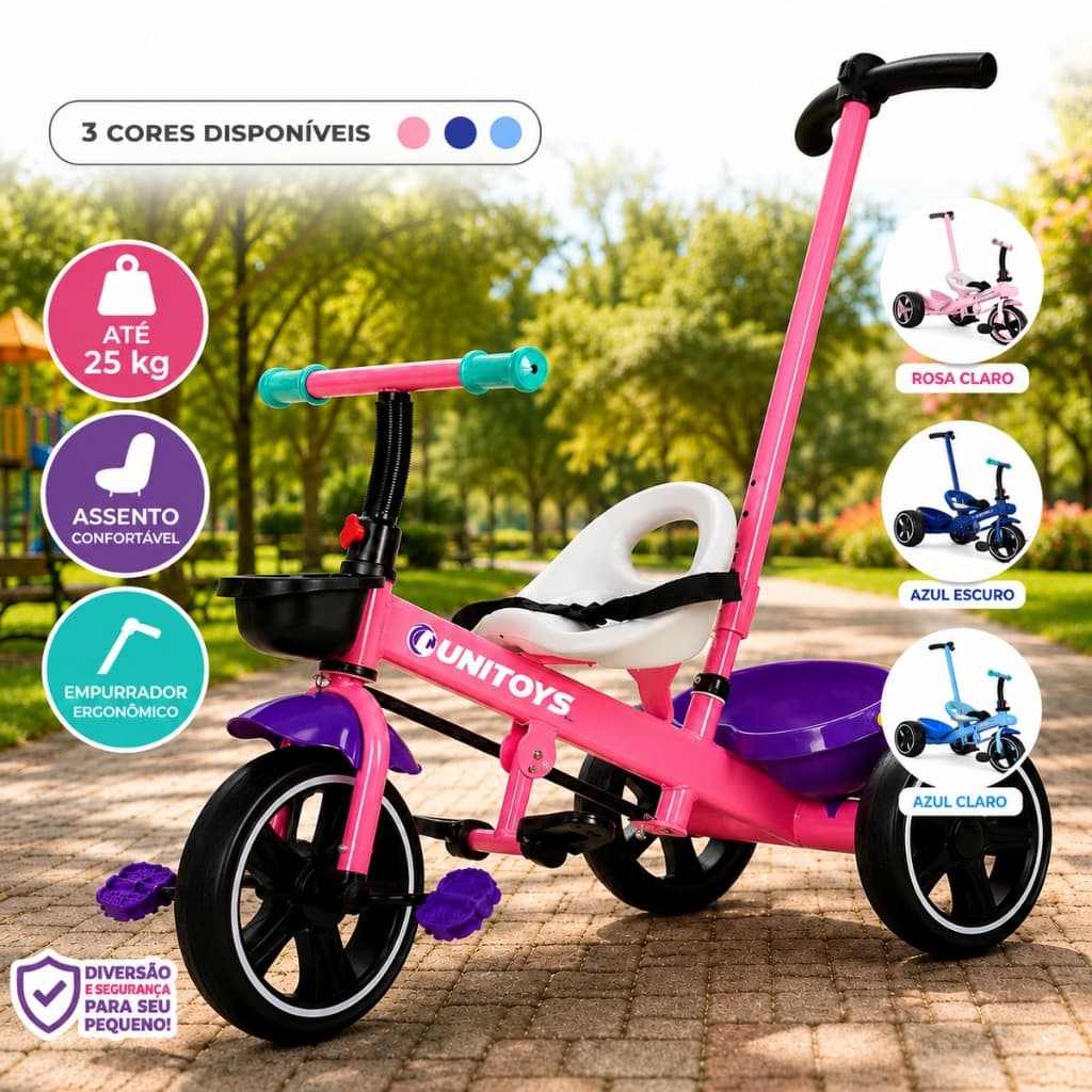 Triciclo Infantil com Empurrador Ergonômico Assento Confortável Cesto Traseiro Até 25kg | Rosa, Azul Unitoys