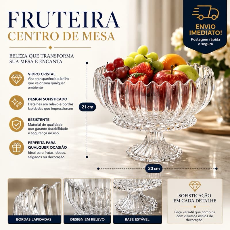 Fruteira Vidro Grande Centro de Mesa Vidro Geneva Decoração Mesa Posta Frutas Bufet Resistente