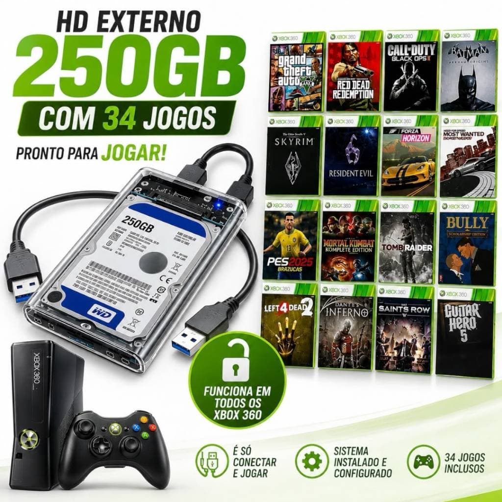 HD Externo para Xbox 360  Com 34 Jogos Pronto para Jogar Não Precisa Desbloquear