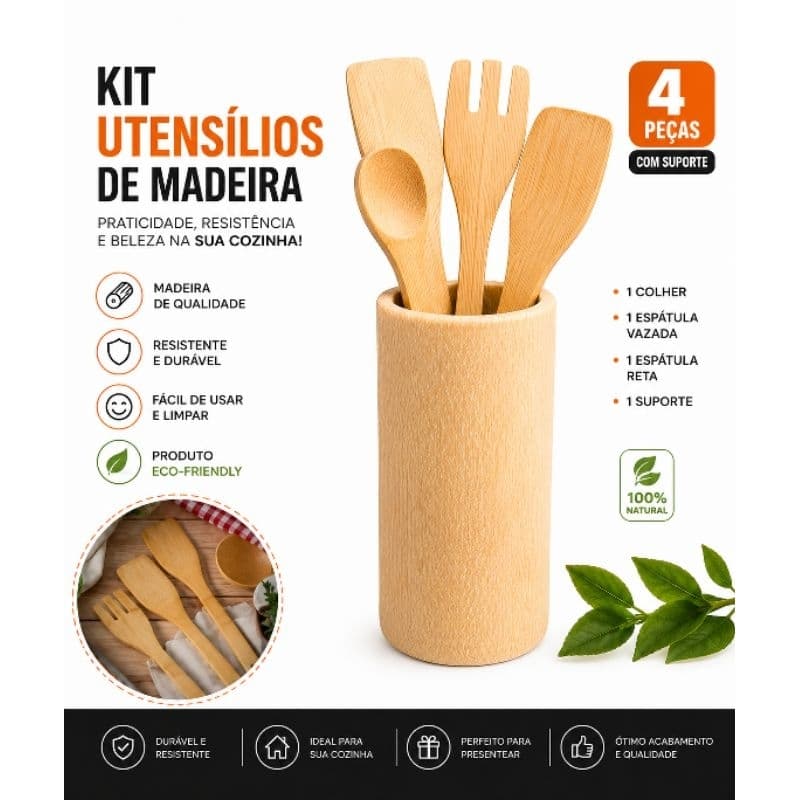 Kit de Utensílios de Madeira 4 Peças com Suporte – Resistente, Prático e Elegante