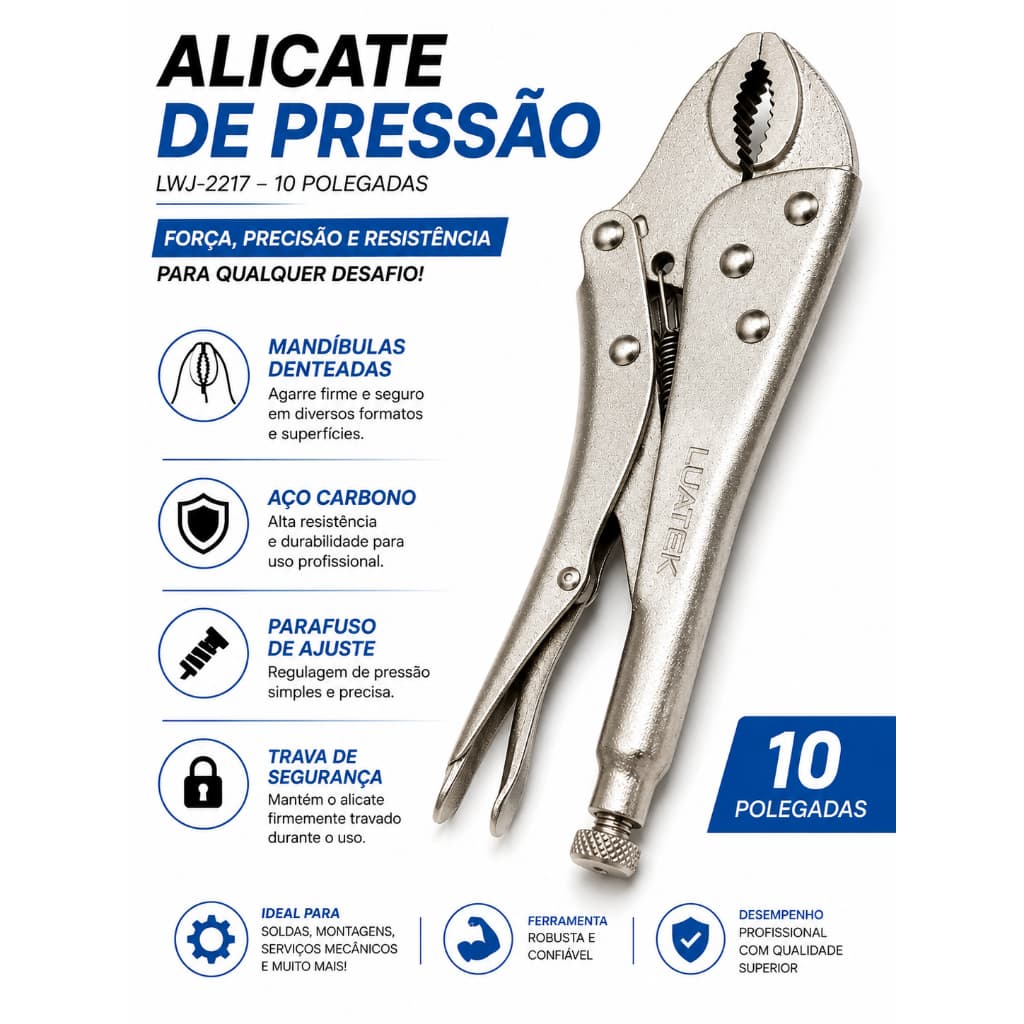 Alicate de Pressão 10 Polegadas em Aço Carbono Profissional com Trava e Ajuste de Pressão