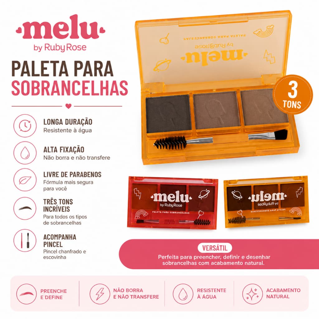 Paleta Sobrancelhas Melu Ruby Rose Longa Duração Resistente à Água Alta Fixação Três Tons Incríveis