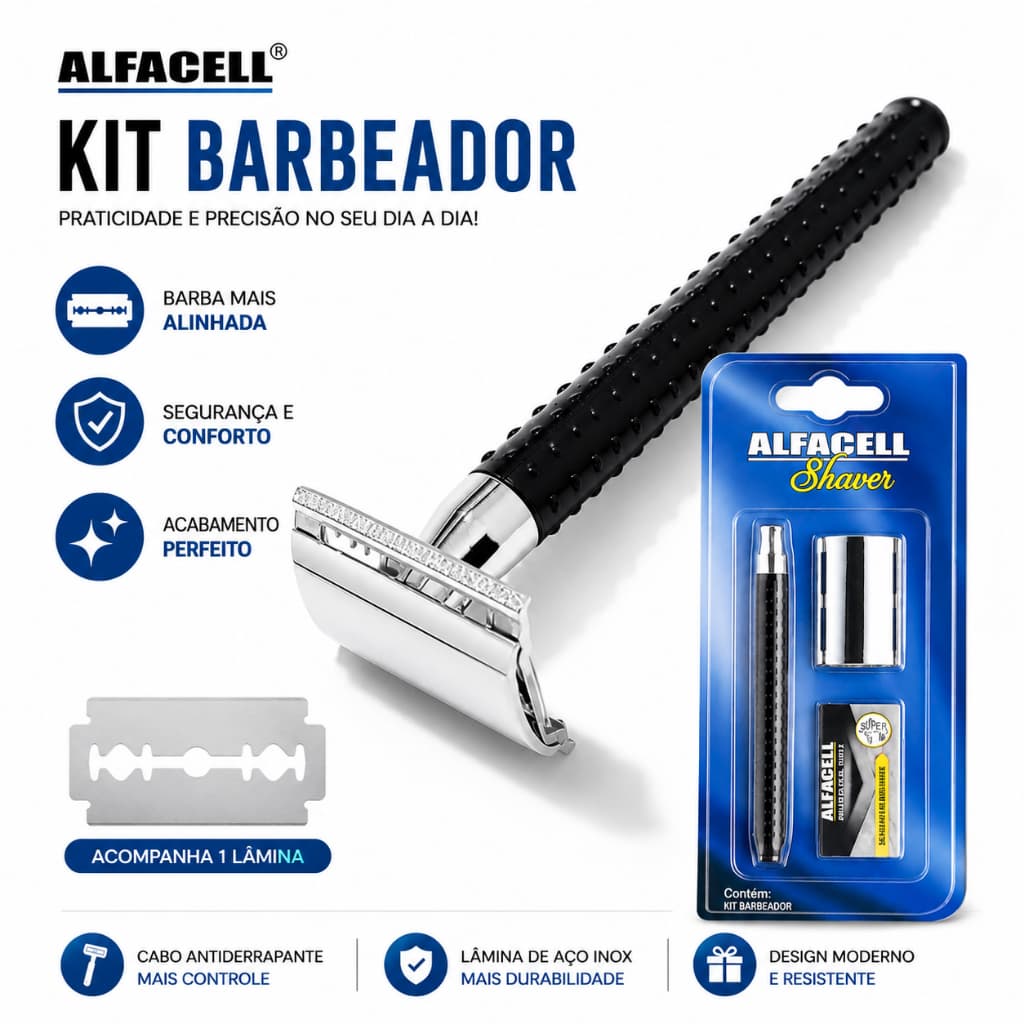 Kit Barbear Alfacell Aparelho de Barbear Reutilizável Cabo Antiderrapante