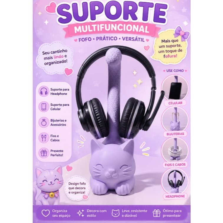 Suporte para Headphone Gato fofo | Organizador de Mesa para Celular, Fones, Cabos e Bijuterias | Decoração