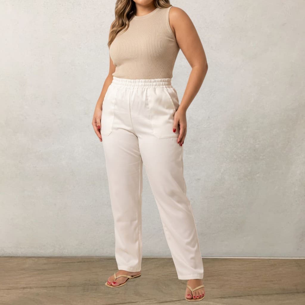 Calça Feminina Branca Cós Elástico Cintura Alta Confortável Casual Tecido Leve 2 Bolsos Laterais Moda Feminina