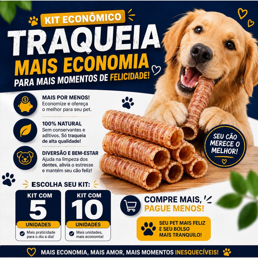 Traqueia Bovina Natural para Cães Kit Econômico 5 un ou 10 un Mordedor 100% Natural