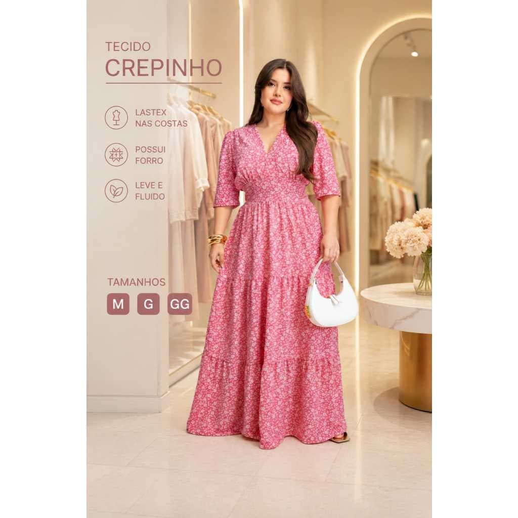 Vestido Longo Feminino 3 Marias Floral em Crepinho com Forro | Lastex nas Costas | Leve e Confortável | Tamanhos M G GG