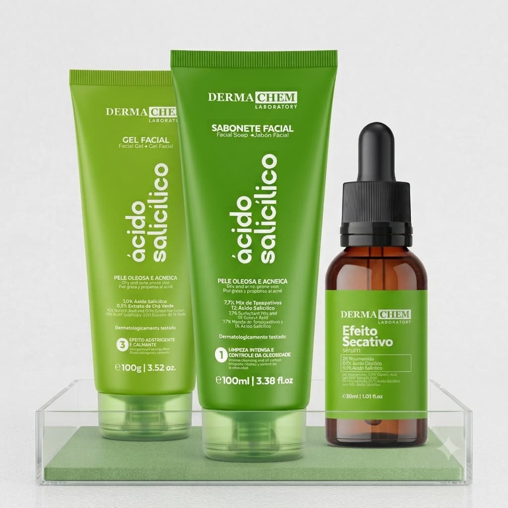 Kit Skin Care Limpeza de Pele Antioleosidade Dermachem Sabonete Gel Hidratante Sérum secativo