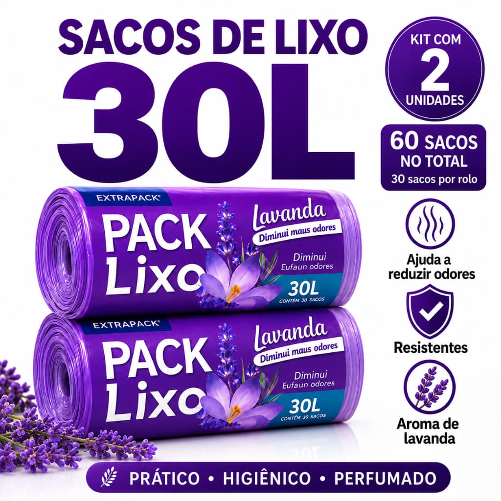 Kit 2 Rolos Saco de Lixo 30L Lavanda Perfumado Reforçado Neutraliza Odores 59x62