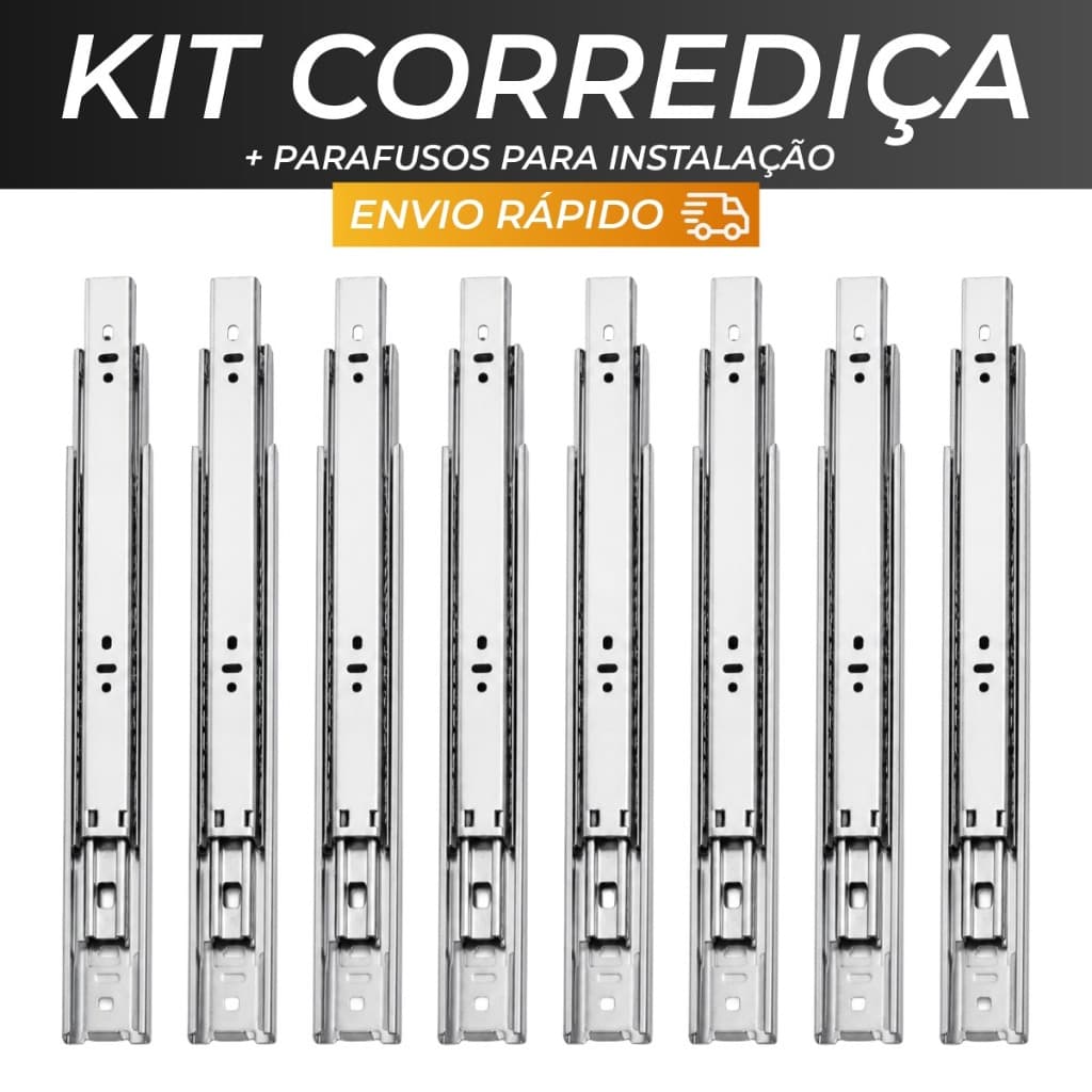 Kit 2 / 3 / 4 / 8 Pares Corrediça Telescópica Mini Light 35cm Gaveta Trilho Cromada com Parafusos