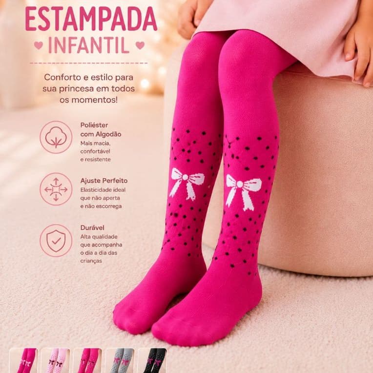 Meia Calça Estampada Laço Infantil Menina bebê Super Confortável Lacinho