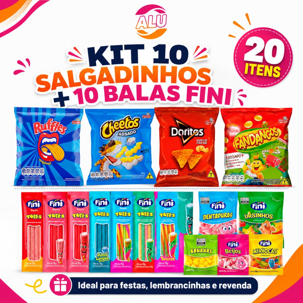 Kit Festa 10 Salgadinhos Elma Chips + 10 Balas Fini Sortidas 20 Unidades Lembrancinha