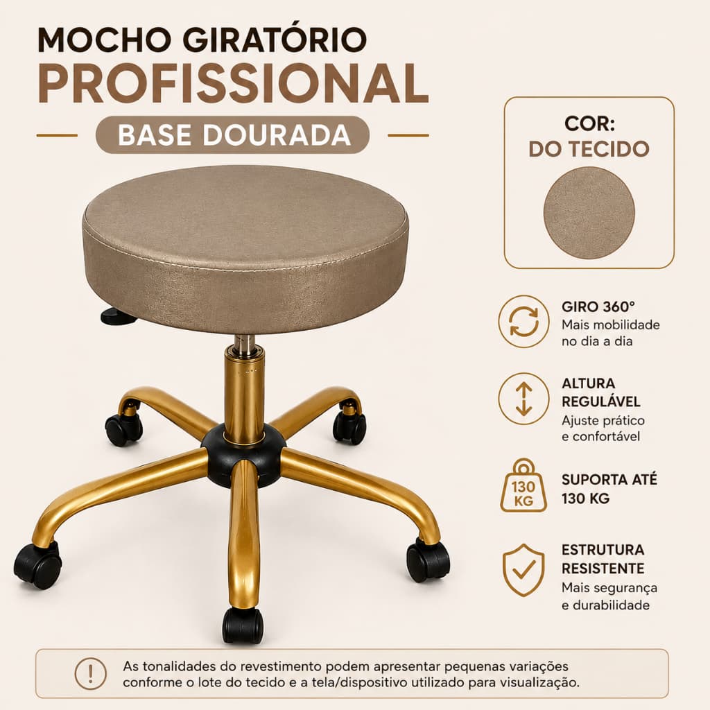 Mocho Banqueta Estofado Redondo Champanhe/Bege  Base Dourada Giratória Ajuste de Altura Rodinhas Salão, Clínica, Médicos