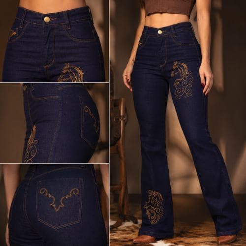 Calça Jeans Feminina Flare Country Bordada Cavalo Cintura Alta Premium Com Elastano Rodeio Boiadeira Cowgirl Sertaneja