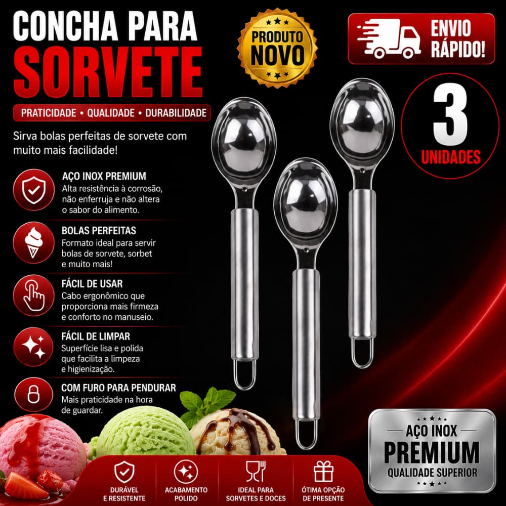 Conjunto  3 Colher De Sorvete E Açaí Concha Em Aço Inox 20,5cm Reforçada Profissional SQ3771