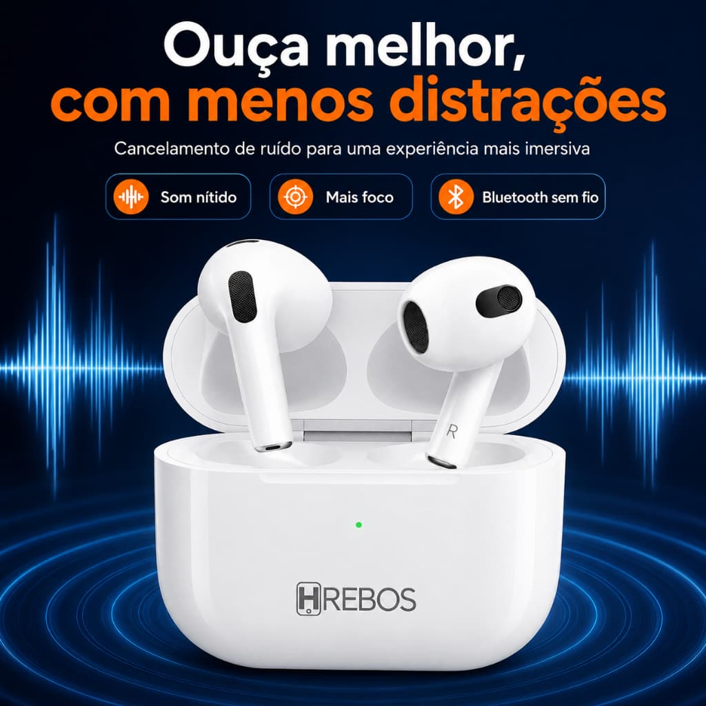 Fone Bluetooth Hrebos EB-211 Earbuds Cancelamento Ruído Ativo Android Ios Pc Original Som Nítido