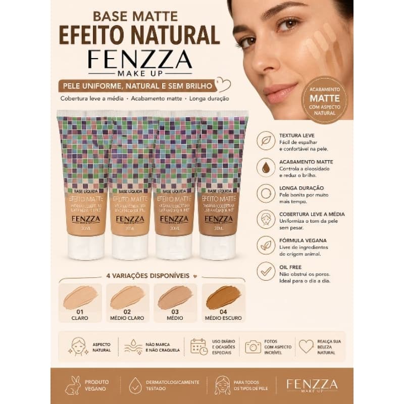 Base matte efeito natural oil free longa duração Fenzza