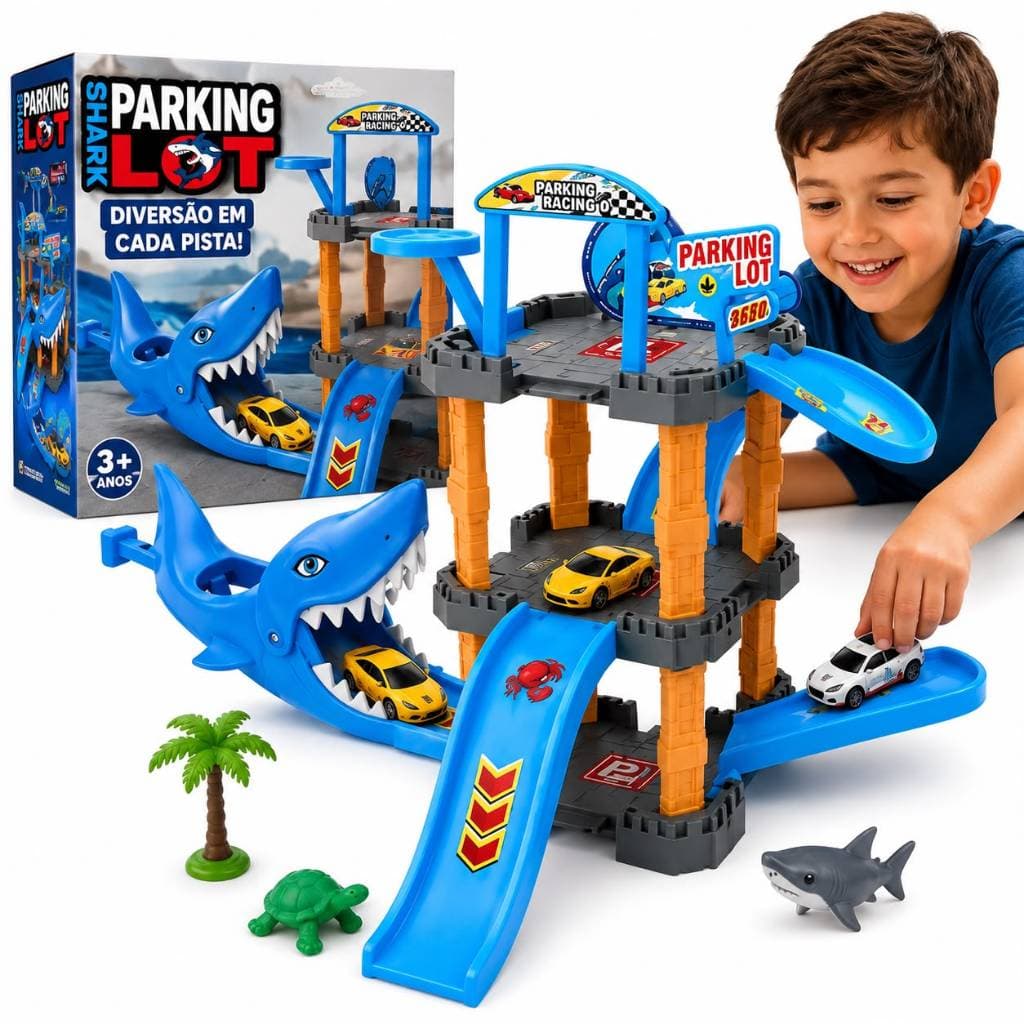 Pista Tubarão Lançador de Carrinhos Estacionamento Infantil com Mini Carros Brinquedo Educativo