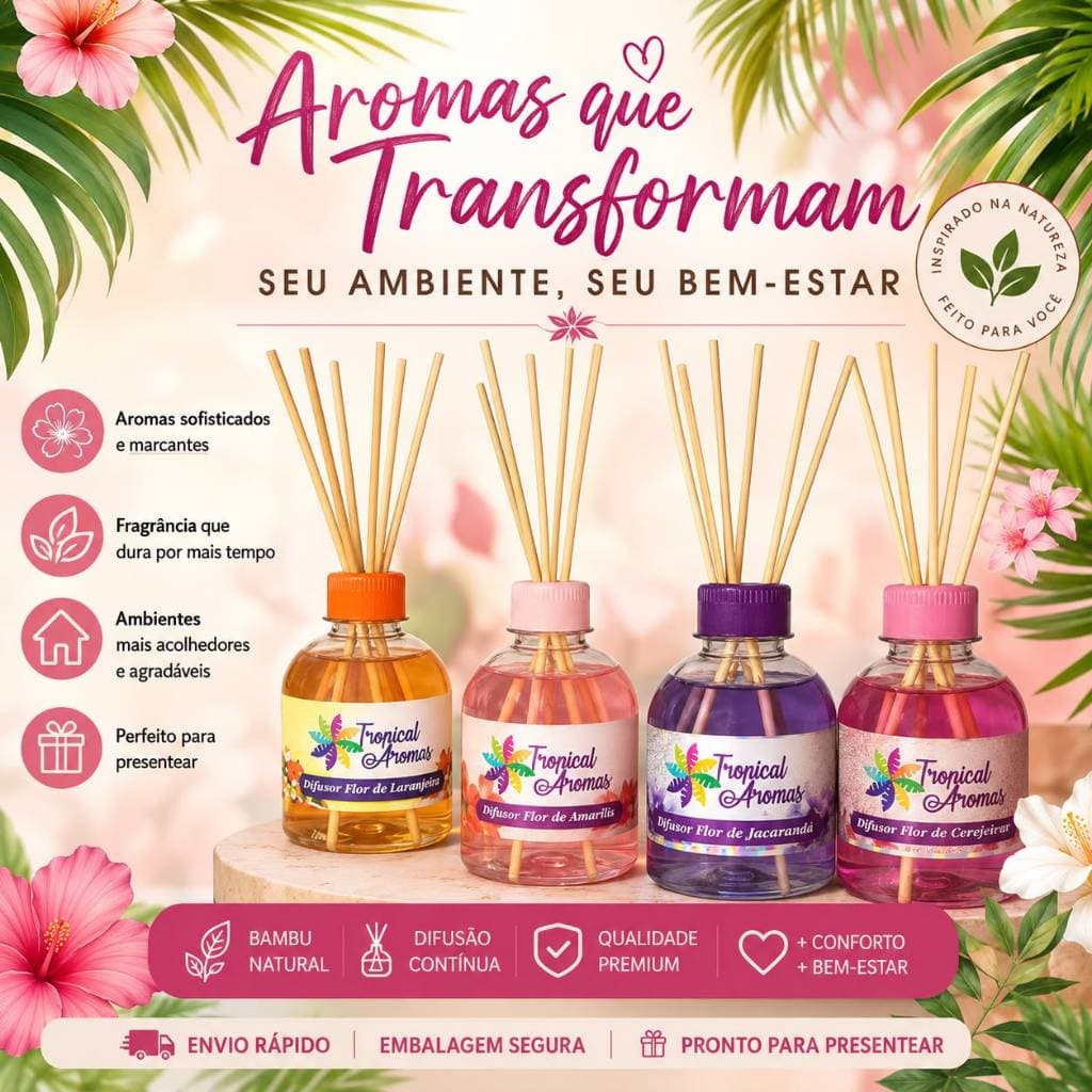 Kit Difusor Ambiente Tropical Aromas Aromatizador 250Ml Cheiroso Casa Limpeza Varetas