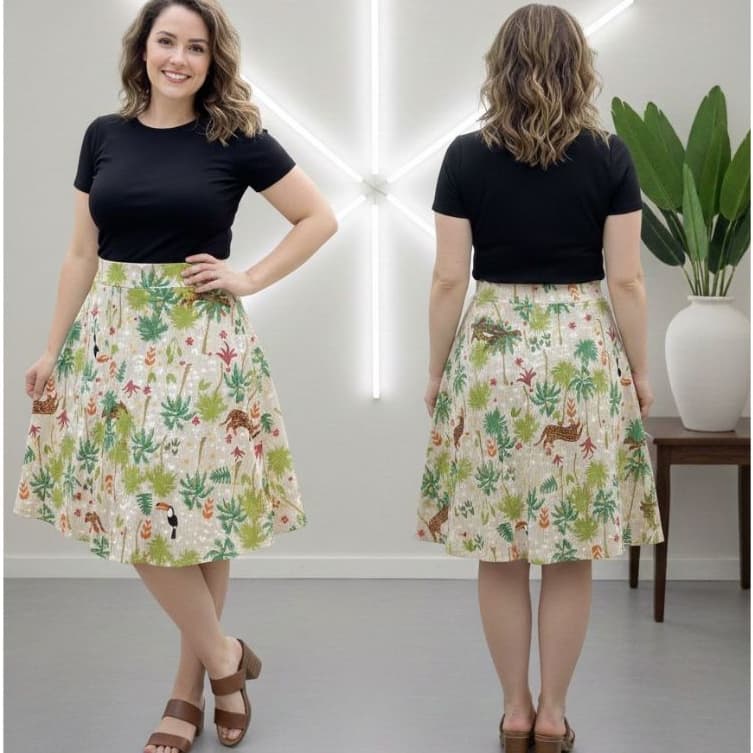 Saia Midi Rodada em Malha Canelada Floral Comportada para Moda Evangélica Elegante e Confortável