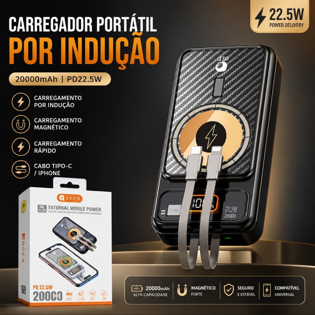 Carregador Portátil 20000mah PD 22,5w Preto Com Cabos