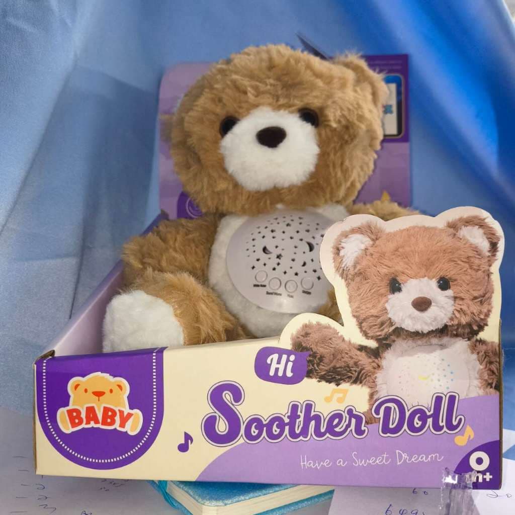 Urso de Pelúcia Bebê Calmante com Projeção de Estrelas, Luz Noturna Suave e Músicas de Ninar Ruído Branco, Boneco Acolch
