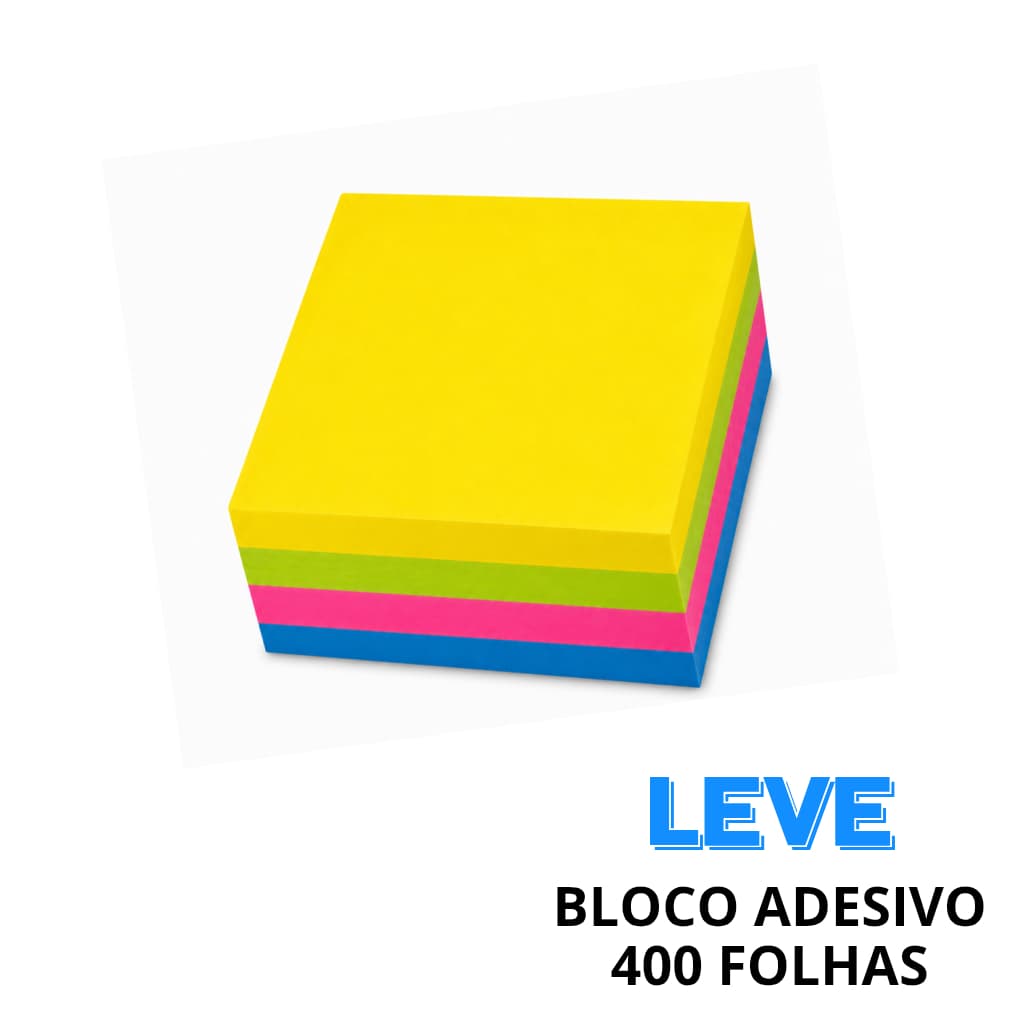 Bloco Adesivo Colorido Neon 76x76mm 400 Folhas Jocar Office Sticky Note Recados Marcação Organização