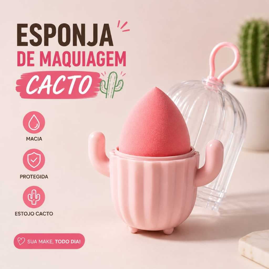 Esponja Maquiagem Com Estojo Cacto Fofa para Base Corretivo Pó e Blush Design Exclusivo Material Macio