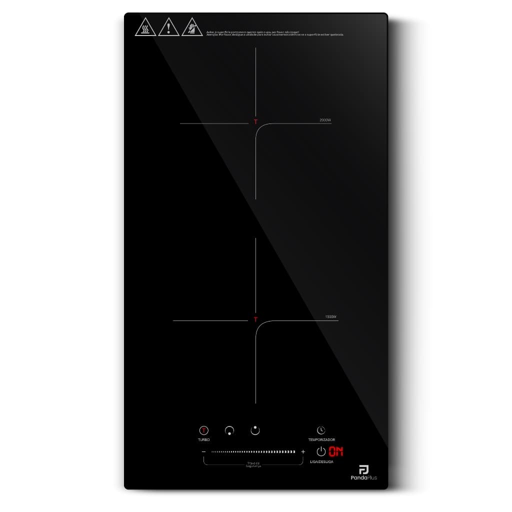 Cooktop Indução 2 Bocas PandaPlus 3500W Preto Turbo 220V Embutir Bancada Vitrocerâmico Touch Trava Segurança