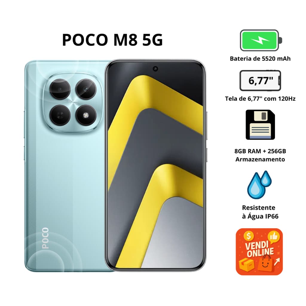 Smartphone POCO M8 5G 256GB/512GB Snapdragon 6 Gen 3 Tela AMOLED 120Hz Câmera 50MP NFC 5G