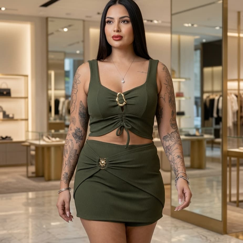 Conjunto Femenino Midi, Plus Size, Short Saia,Cropped Com Bojos,Ajustable IDEAL PARA FESTAS E SAIDAS