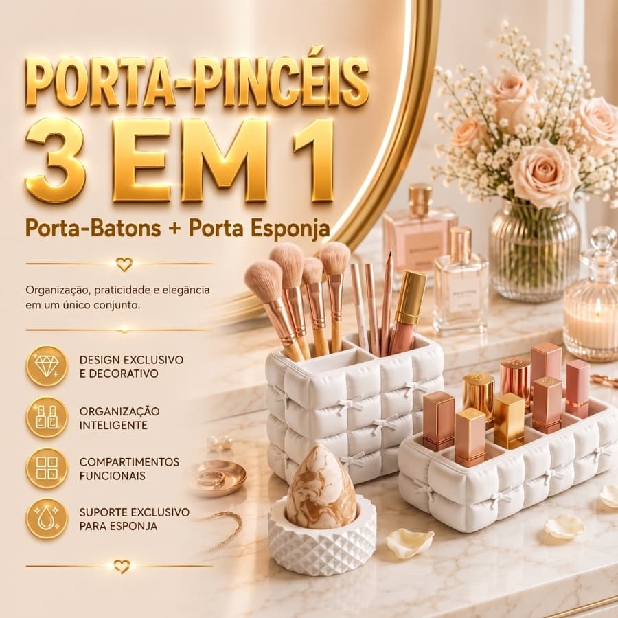 Porta Pincéis Porta Batons Organizador de Maquiagem com Porta Esponja Luxo para Penteadeira Premium Feminino Elegante