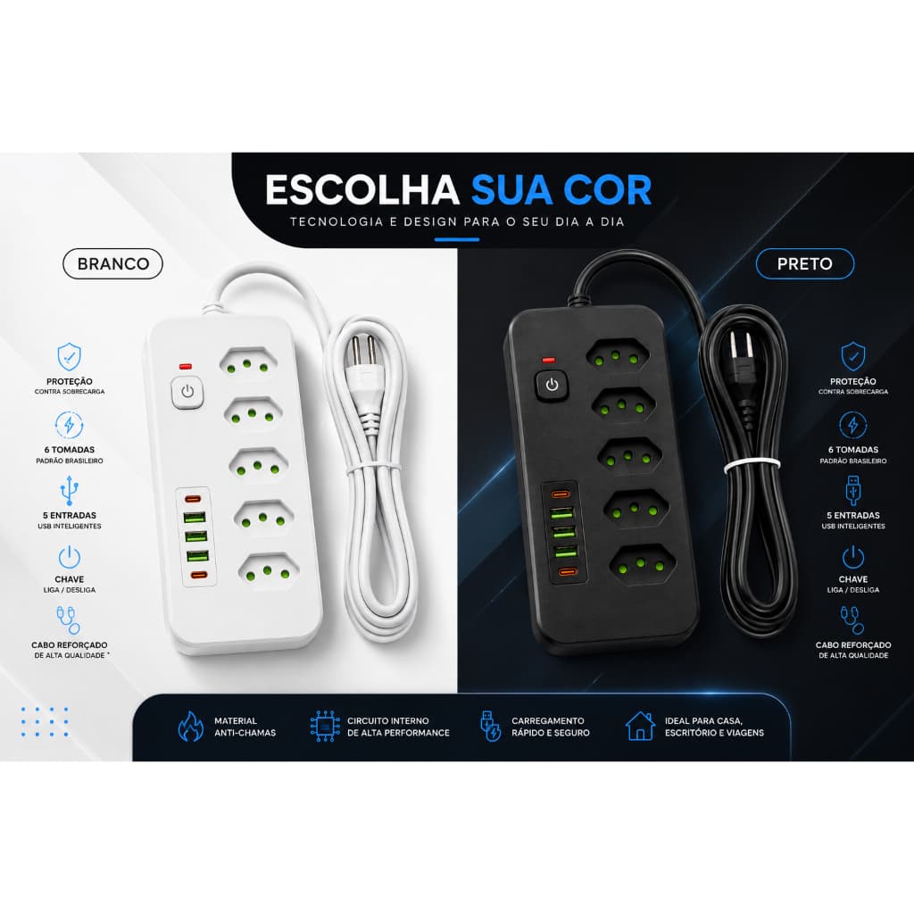 Filtro de Linha com 5 Tomadas Extensão Elétrica Universal 4 USB E Usb C