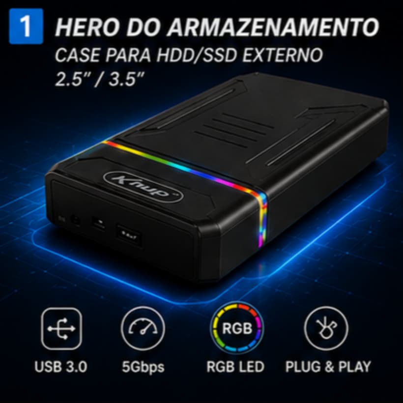 Case para HD Externo USB-C HDD SSD SATA 2.5" 3.5" RGB HD843 Gaveta Até 5TB Plug & Play Case HDD