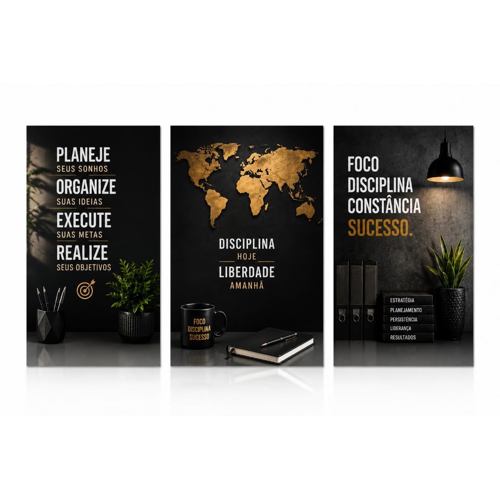 Quadro Decorativo Kit 3 Peças Motivação Produtividade Escritório Moderno