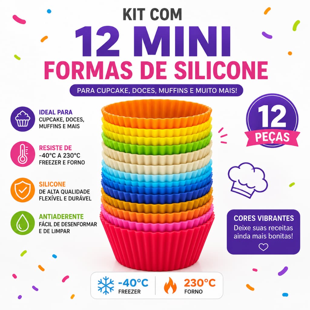 Kit 12 Formas de Silicone Cupcake Muffin Brigadeiro Reutilizáveis Antiaderentes Resistente ao Forno e Freezer