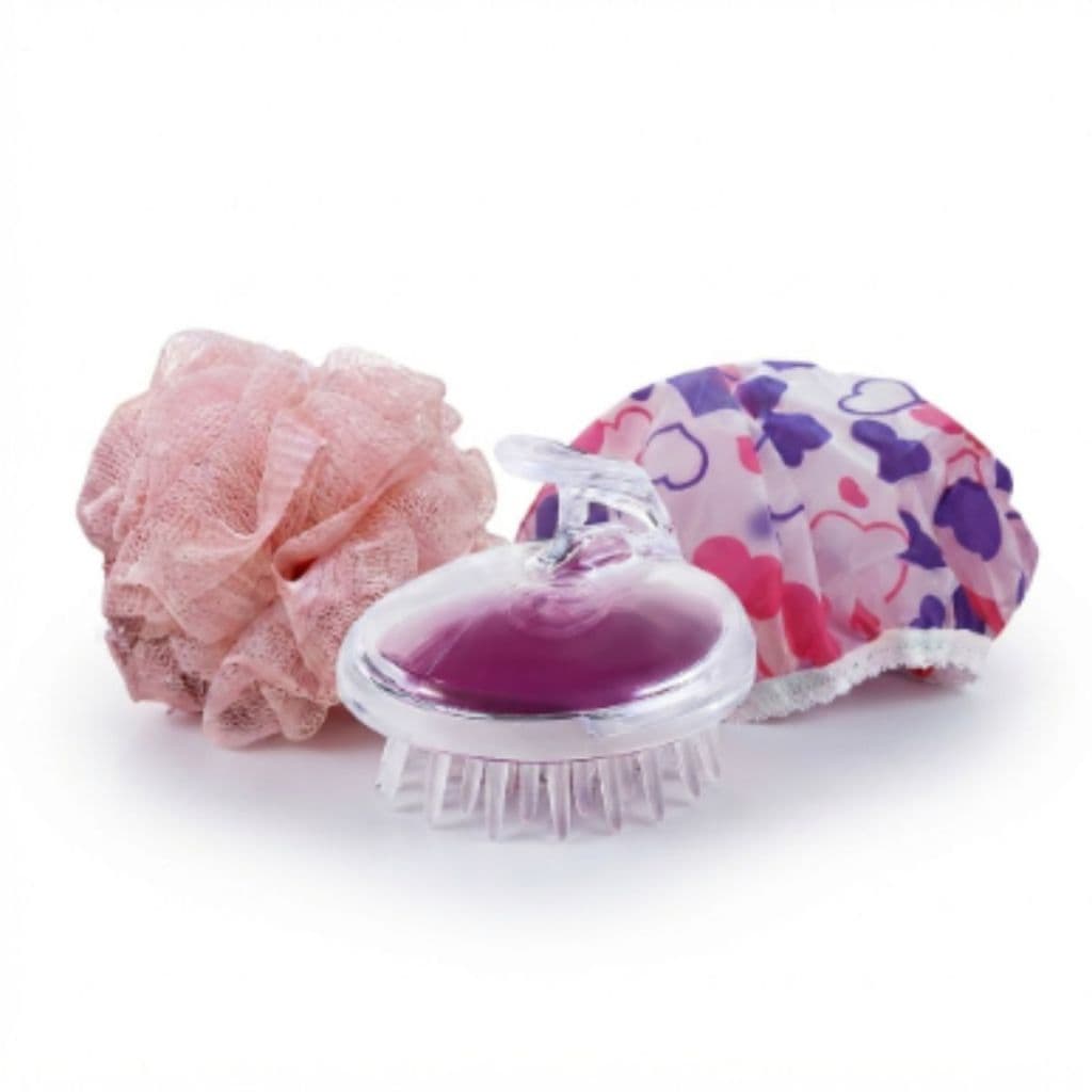 Kit 3 Peças Touca Banho Esponja Corporal Escova Massageadora Capilar