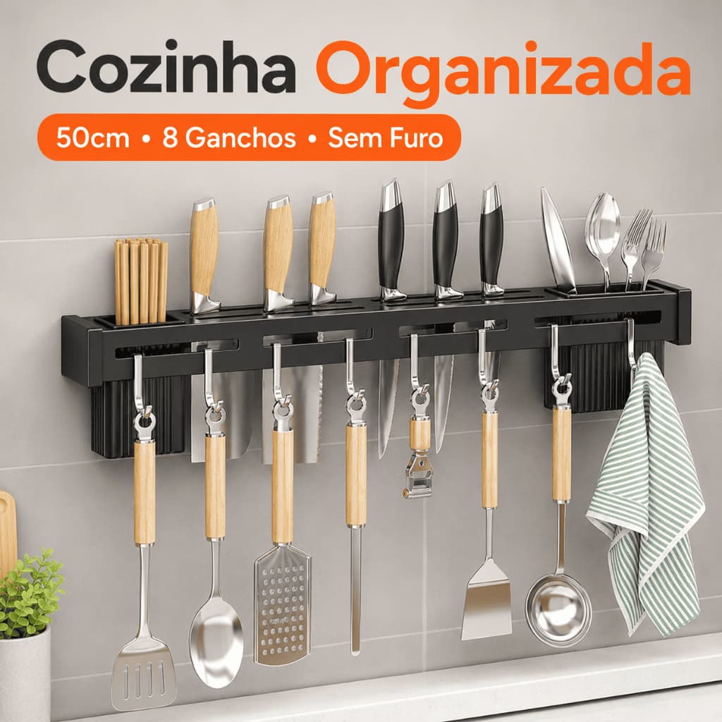 Suporte de Cozinha Multifuncional 50cm Sem Furo Liga de Alumínio com 8 Ganchos Deslizantes Porta Faca Talheres e Espátul